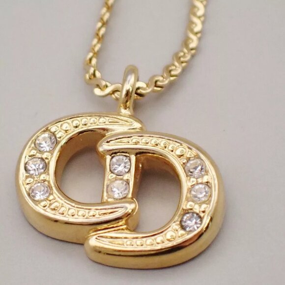CHRISTIAN DIOR CD Logo Rhinestone Pendant Necklace Gold - Picture 7 of 8